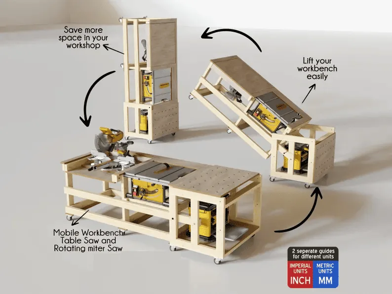 Murphy Workbench in three positions: upright, lifting and flat
