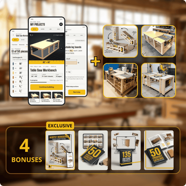 Woodworker building workbench with precision plans